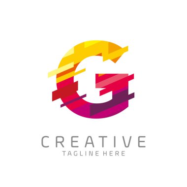 Piksel / glitch hareketli renkli G harfli logo tasarım vektörü. multimedya, teknoloji, dijital, yenilik şirketi simgesi
