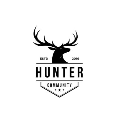 deer hunter logo, badge, emblem, label design template. vector illustration of deer head silhouette and arrow. hunter club, deer hunting symbol icon  clipart