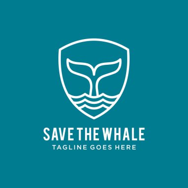 Çizgi sanatı balinası ve kalkan logosu tasarımı vektör şablonu çizimi. Balinaları kurtarın, okyanusu kurtarın, balina koruma sembolü ikonu 