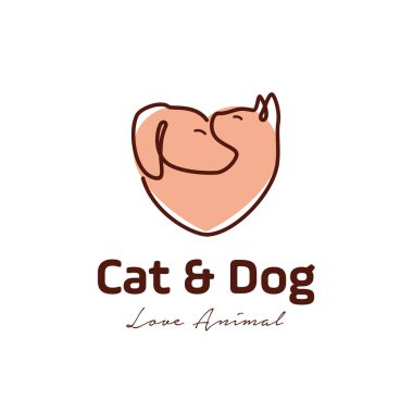 Kedi ve köpek evcil hayvan aşk logosu. Çizgi sanatı, monolin, tasarım tasarımı illüstrasyonu. Hayvan dükkanı, hayvan bakımı, hayvan kliniği sembolü simgesi