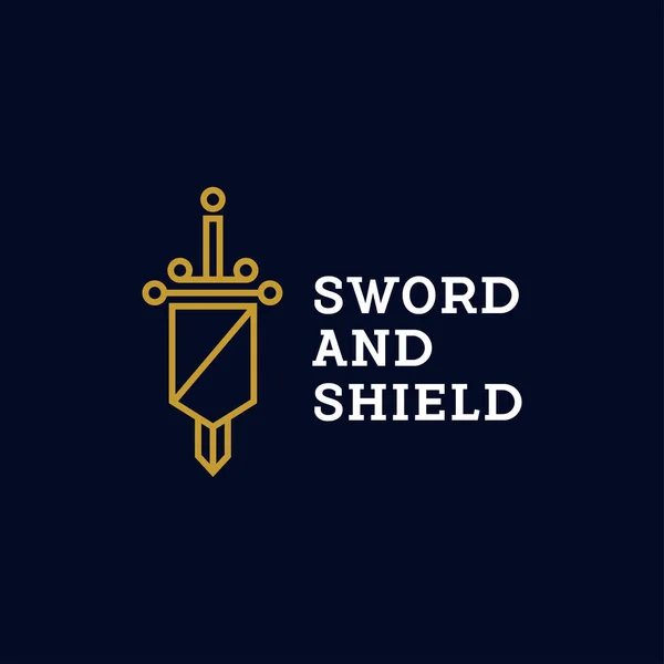 プレミアムエレガントな線形剣とシールドロゴデザインベクトルイラスト 紋章騎士剣盾のアイコン 普遍的なブランドテンプレート — ストックベクタ