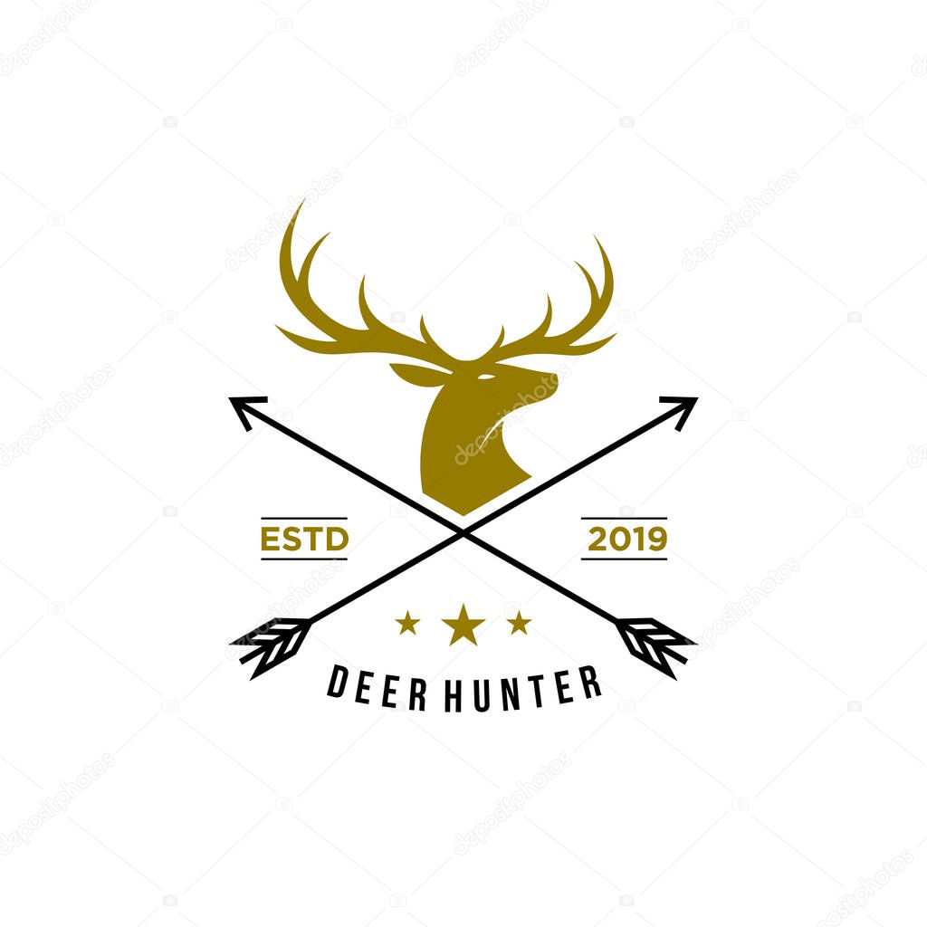 deer hunter logo, badge, emblem, label design template. vector illustration of deer head silhouette and arrow. hunter club, deer hunting symbol icon 