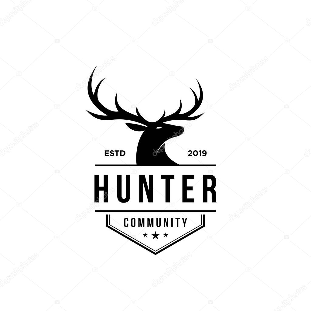 deer hunter logo, badge, emblem, label design template. vector illustration of deer head silhouette and arrow. hunter club, deer hunting symbol icon 