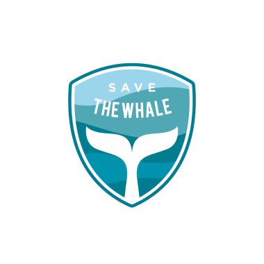 Balina kuyruğu ve kalkan logosu tasarım vektör şablonu çizimi. Balinaları kurtarın, okyanusu kurtarın, balina koruma sembolü ikonu