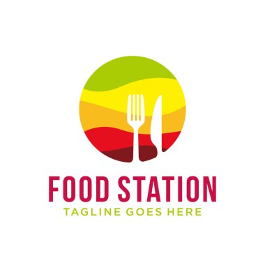 Renkli restoran logosu tasarım şablonu. Çatal ve bıçağın vektör çizimi. Yemek pişirme, kafe, bar, yemekhane sembolü