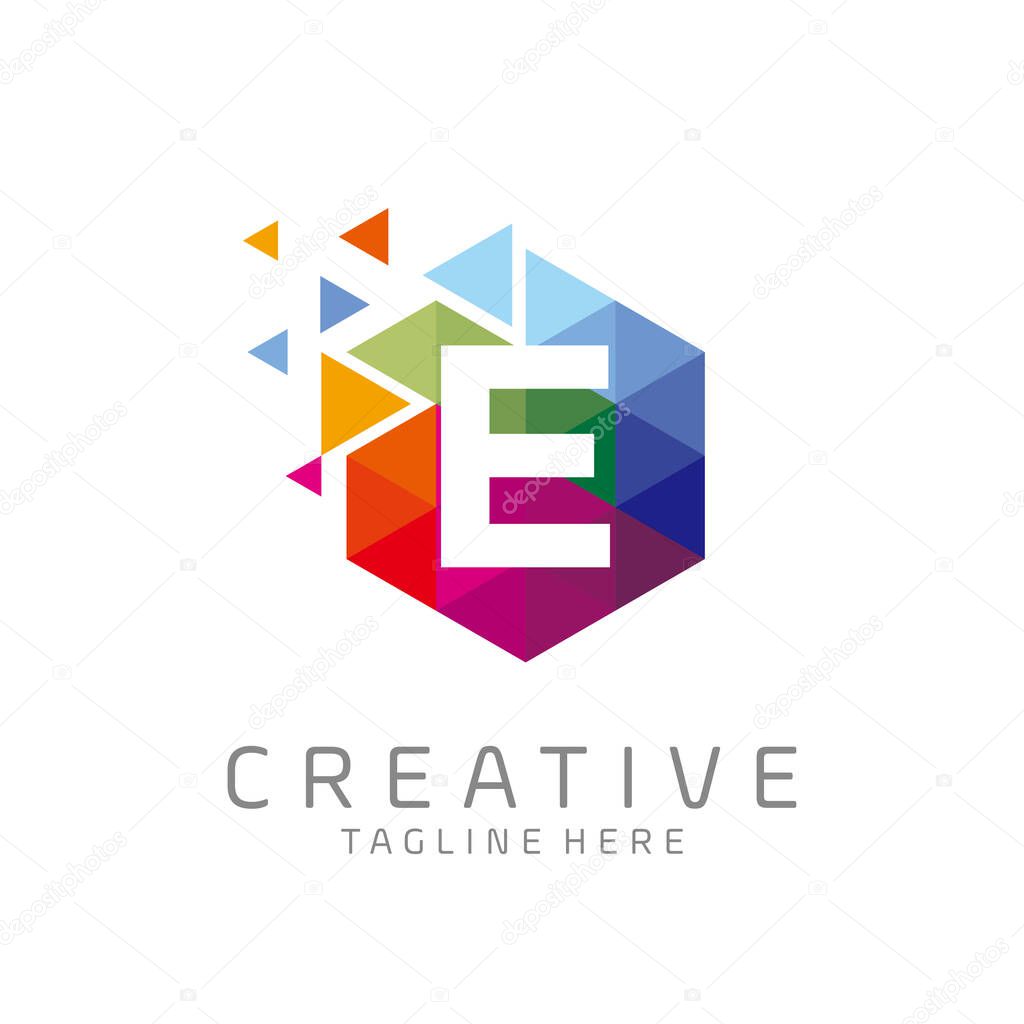 Colorful letter E tech logo design vector with hexagon and pixel motion concept. multimedia, digital, technology, innovation symbol icon