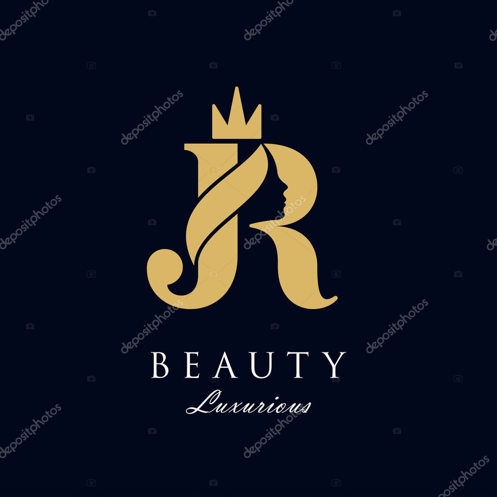 Initial J R luxury beauty queen woman face with crown logo design vector inspiration. consisting of a entwined J and R with lady face on negative space with crown.