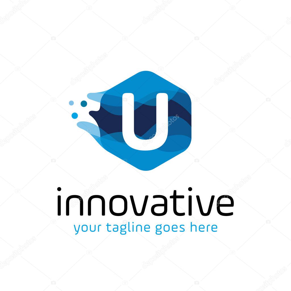 modern letter U technology logo design vector with hexagon and blue wave motion concept. multimedia, digital, innovation, creative industry symbol icon