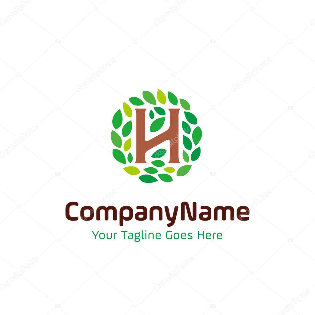 Initial H nature leaf logo. letter H and rounded leaves concept design vector template illustration. natural, eco company, garden park, real estate symbol icon