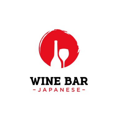Japon barı, şarap şişesi, şarap kadehi logosu tasarım vektör çizimi. Japon bayrağı ve şarap kadehinden oluşan bir şarap şişesi ikonu.