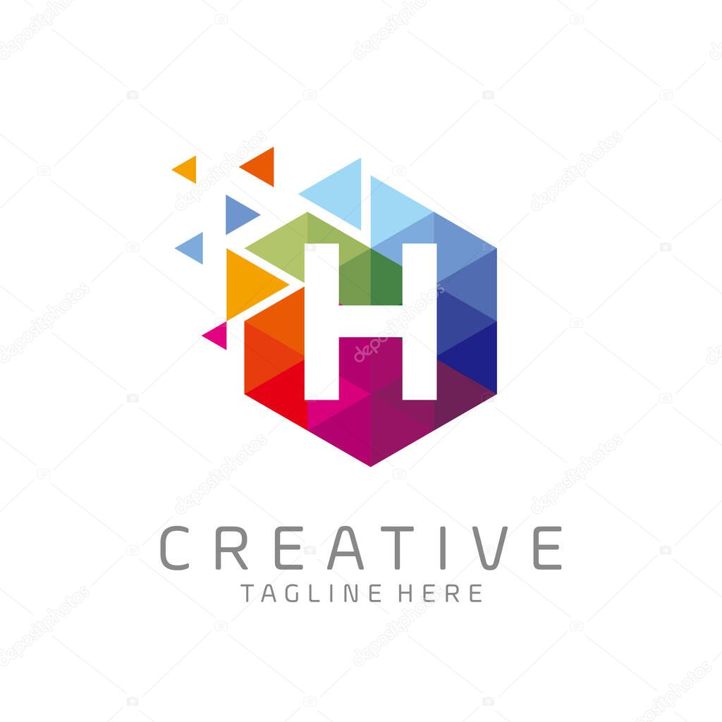 Colorful letter H tech logo design vector with hexagon and pixel motion concept. multimedia, digital, technology, innovation symbol icon