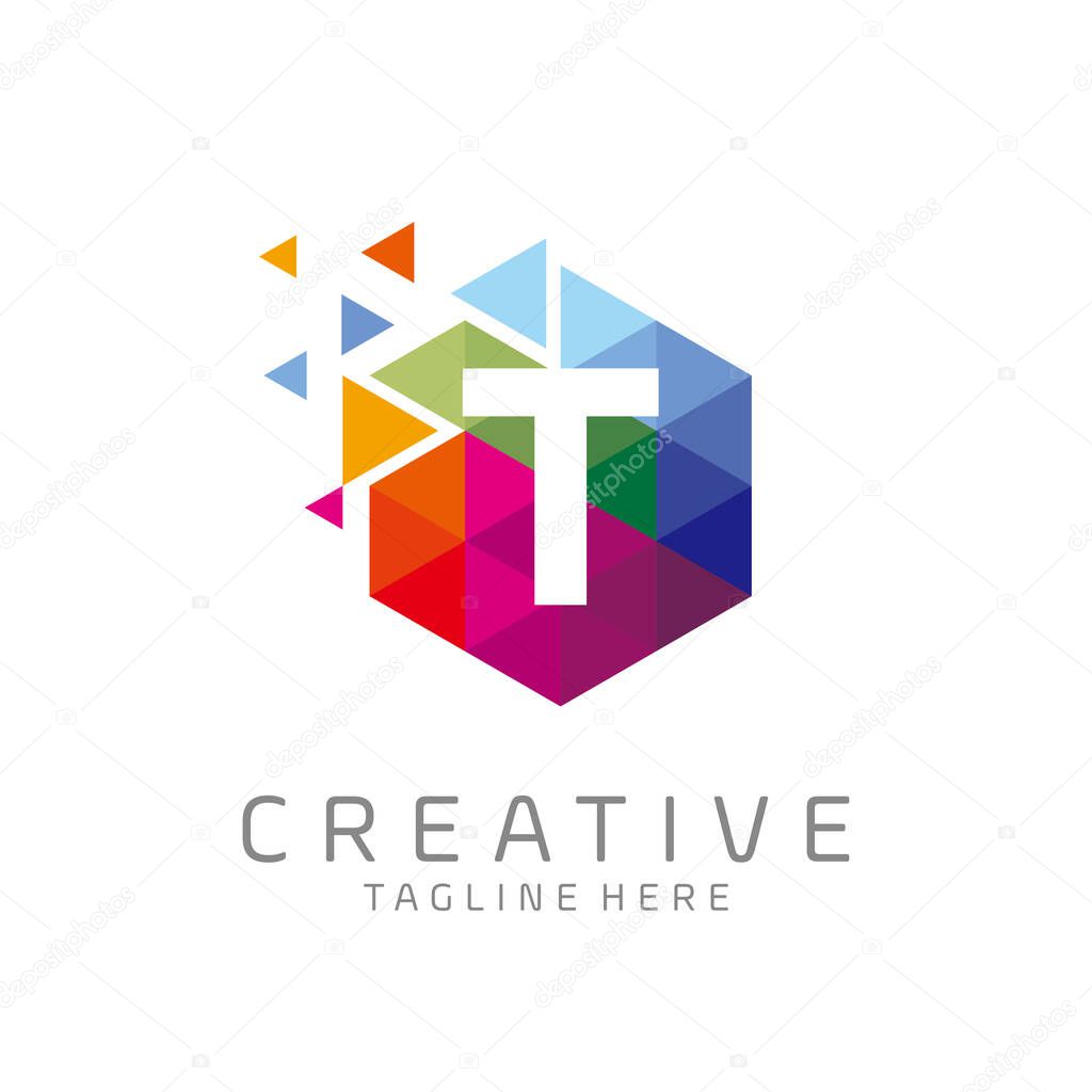 Colorful letter T tech logo design vector with hexagon and pixel motion concept. multimedia, digital, technology, innovation symbol icon