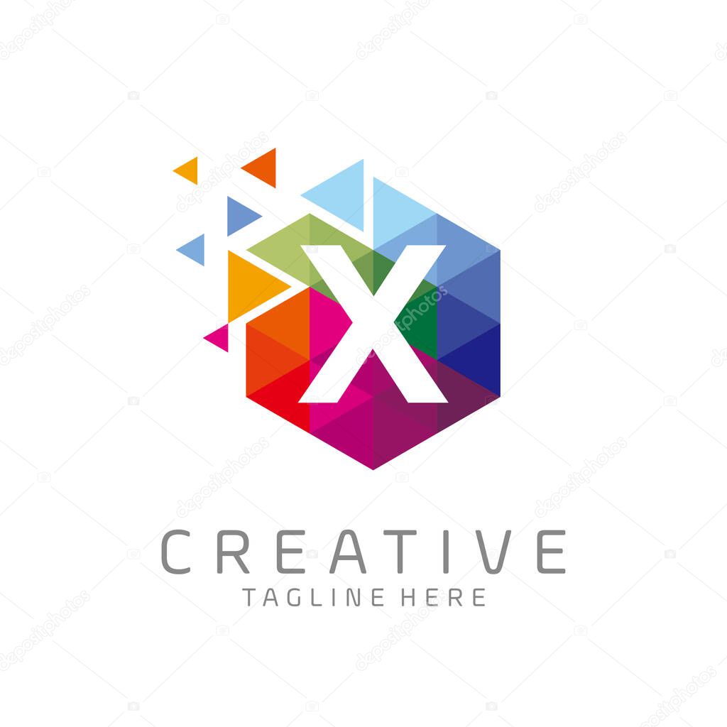 Colorful letter X tech logo design vector with hexagon and pixel motion concept. multimedia, digital, technology, innovation symbol icon