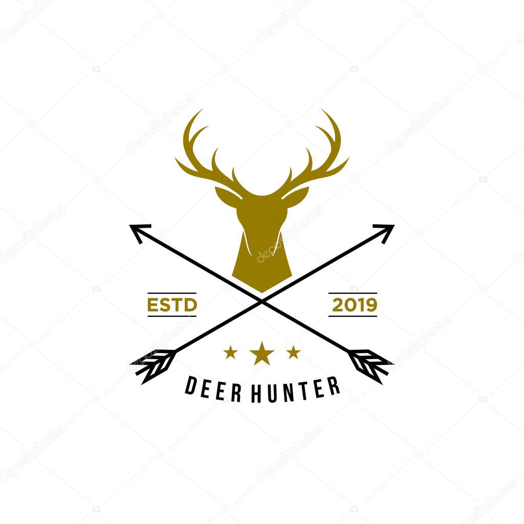 deer hunter logo, badge, emblem, label design template. vector illustration of deer head silhouette and arrow. hunter club, deer hunting symbol icon 