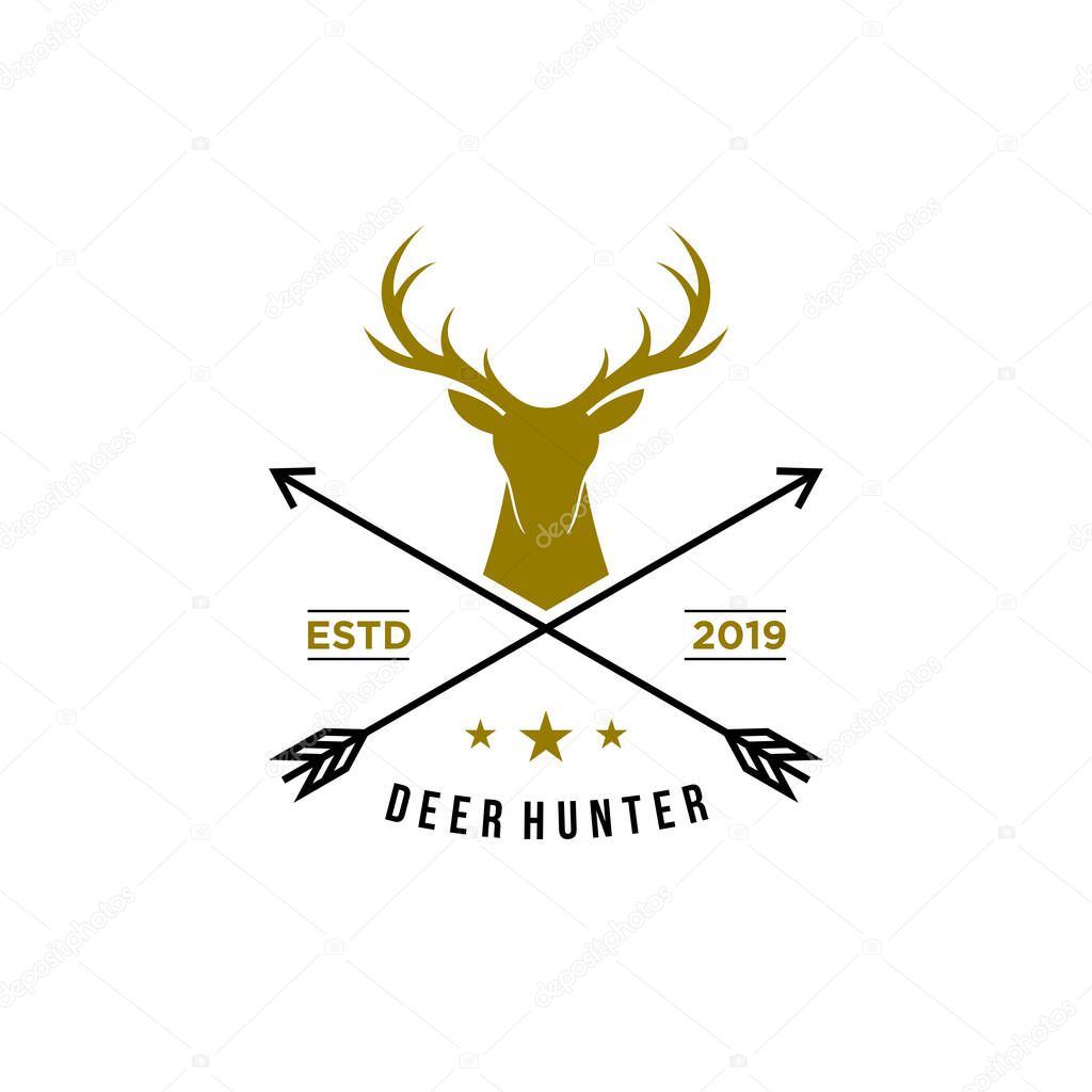 Deer hunter logo, badge, emblem, label design template. vector illustration of deer head silhouette and arrow. hunter club, deer hunting symbol icon