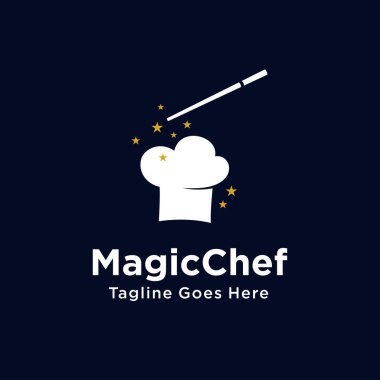 Şef şapkası ve değnek tasarımıyla eşsiz bir Magic Chef logosu. Restoran, yemek ustası amblem simgesi simgesi