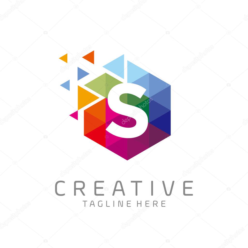 colorful letter S tech logo design vector with hexagon and pixel motion concept. multimedia, digital, technology, innovation symbol icon 