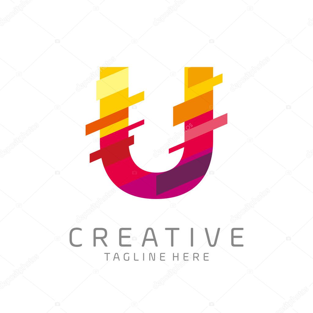 Colorful letter U tech logo design vector with pixel/glitch motion concept. multimedia, technology, digital, innovation company symbol icon