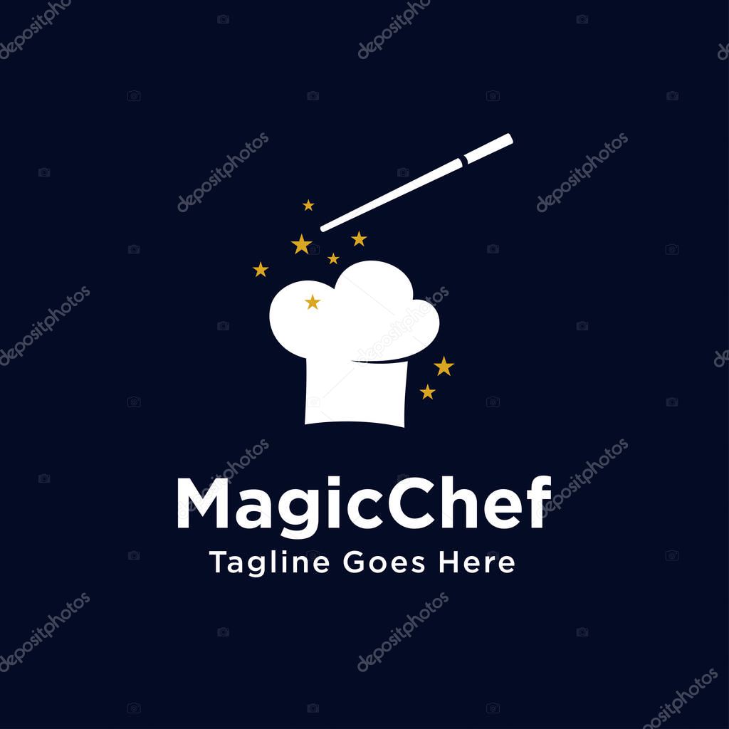 Unique Magic Chef logo with chef hat and wand concept design. restaurant, food master emblem symbol icon