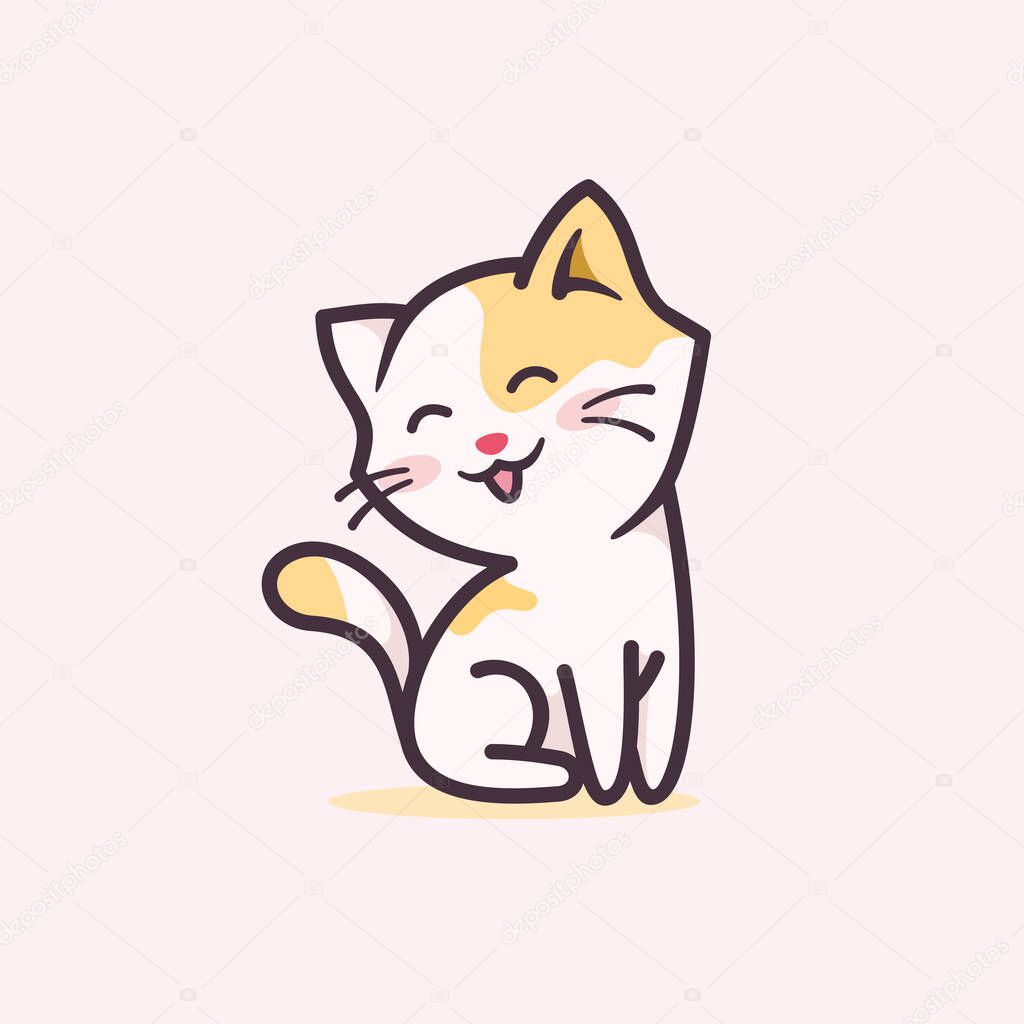 Happy smiling kitty cartoon character logo design illustration. cute/adorable cat mascot vector illustration