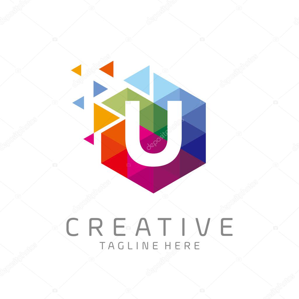 Colorful letter U tech logo design vector with hexagon and pixel motion concept. multimedia, digital, technology, innovation symbol icon