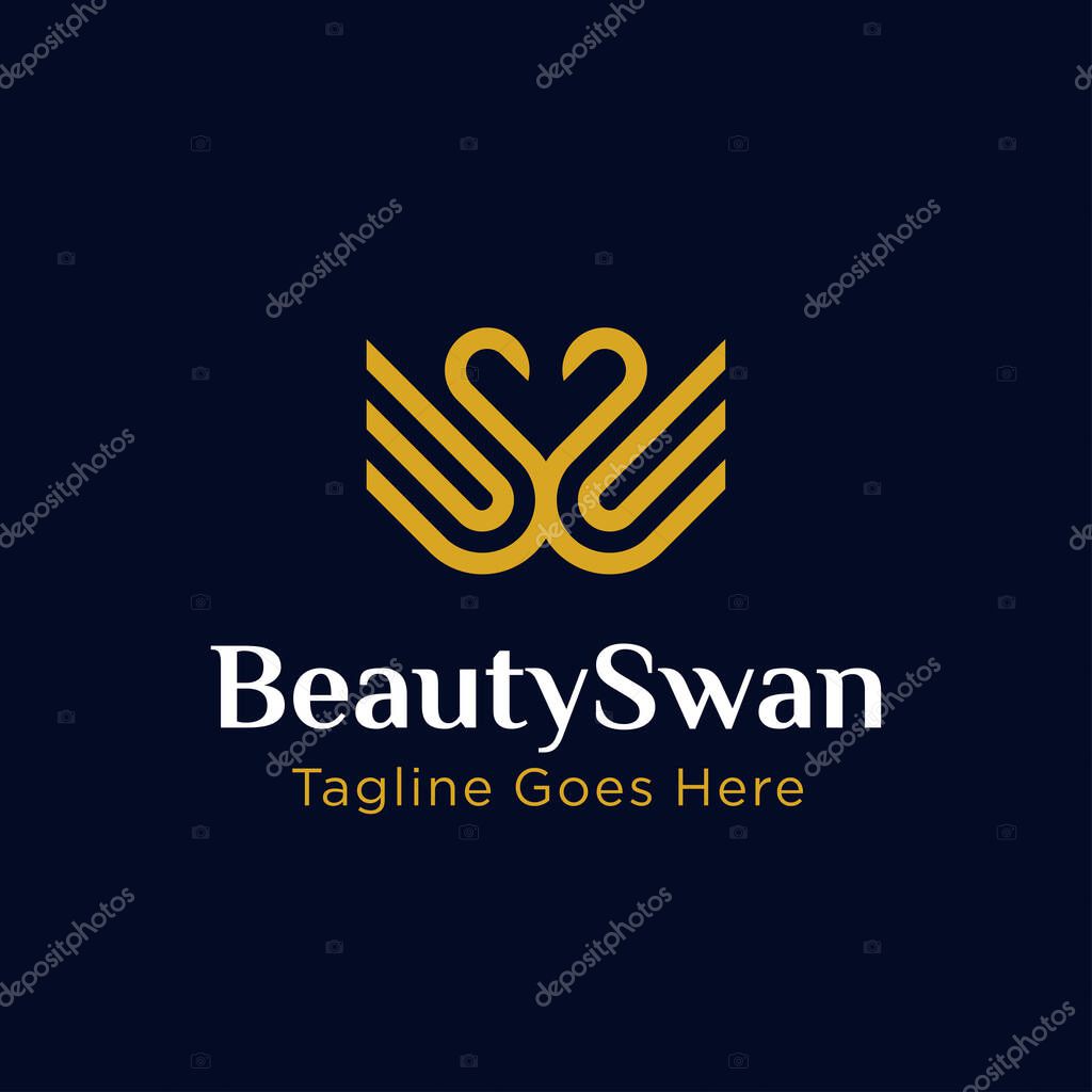Simple luxury golden Swan, two Swans logo with line art concept design illustration. can be used for beauty industry, cosmetics, salon, boutique, hotel logo, jewelry icon