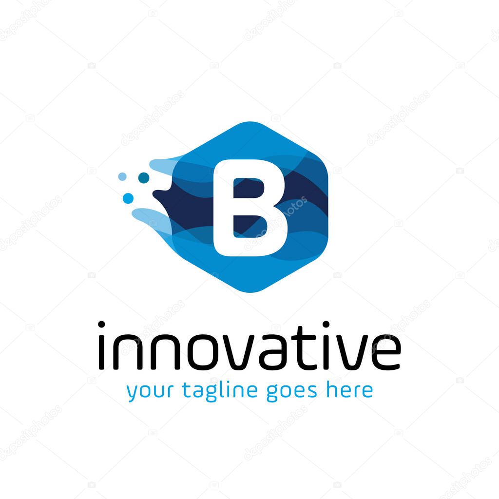 modern letter B technology logo design vector with hexagon and blue wave motion concept. multimedia, digital, innovation, creative industry symbol icon