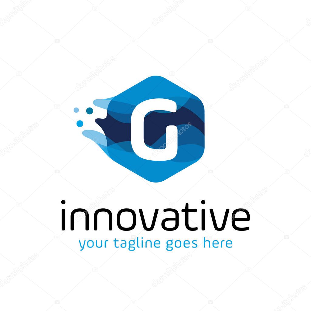 modern letter G technology logo design vector with hexagon and blue wave motion concept. multimedia, digital, innovation, creative industry symbol icon