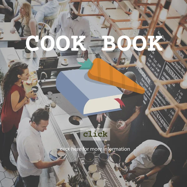 Άνθρωποι στο καφενείο και βιβλίο μαγειρικής — Φωτογραφία Αρχείου