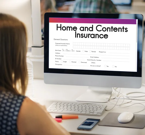 Woman using computer at workplace table — Stock Photo, Image