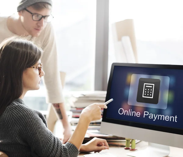 Woman showing on monitor with Online Payment — Stock Photo, Image