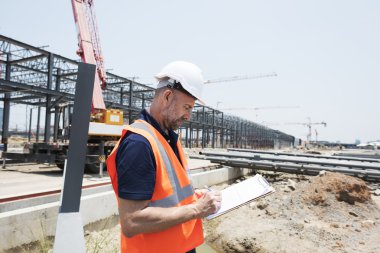 İnşaat işçisi ile mimari planı