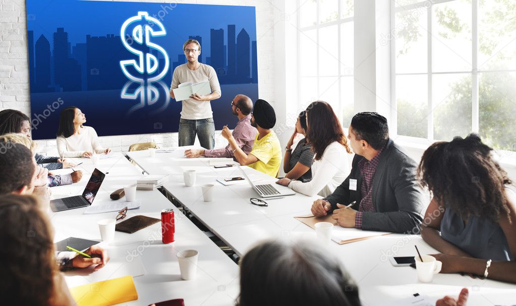 Business people at meeting in conference room with dollar concept
