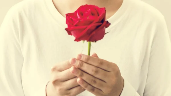 Mulher asiática segurando rosa flor — Fotografia de Stock