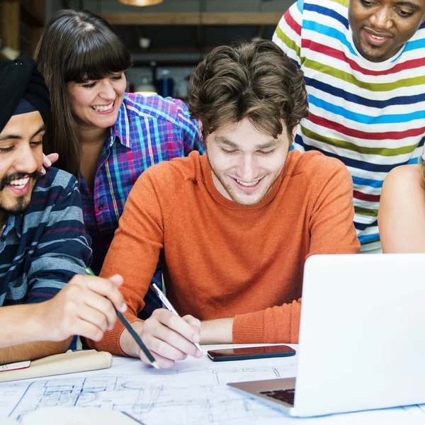 Architect students working in cafe — Stock Photo, Image