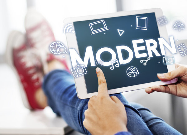 woman browsing digital table