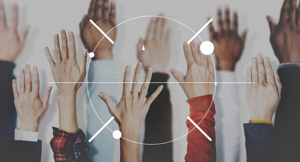 multicolored hands raised