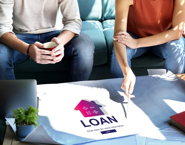 Woman showing on poster with Loan — Stock Photo, Image