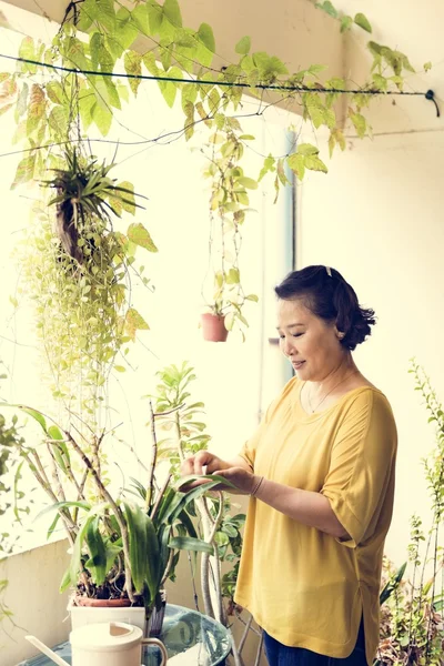 Азиатская женщина в домашнем саду — стоковое фото