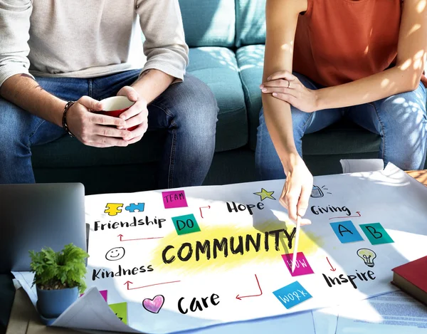 Woman showing on poster with Community — Stock Photo, Image