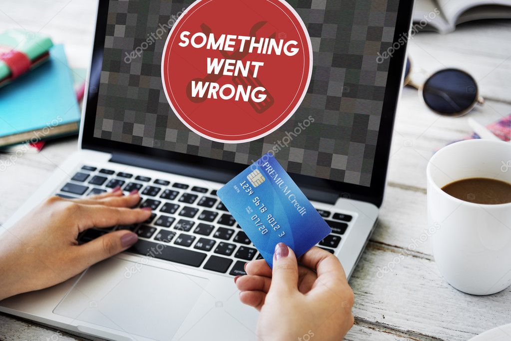 Woman using laptop, technology Concept. Text: Something Went Wrong