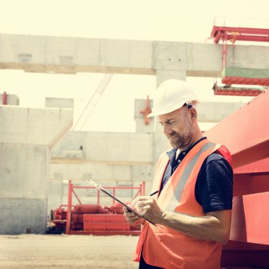 İnşaat işçisi ile mimari planı