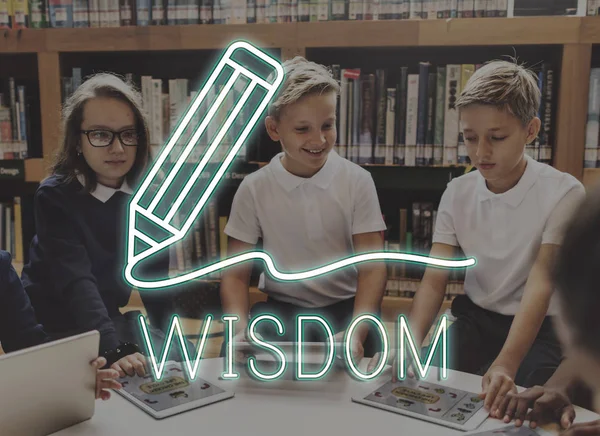 Classmates with digital tablets at school library — Stock Photo, Image