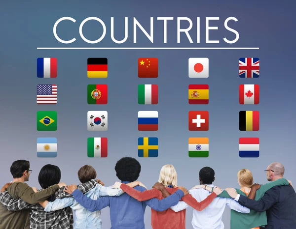 Diversidade de pessoas e conceito de símbolos internacionais estrangeiros — Fotografia de Stock
