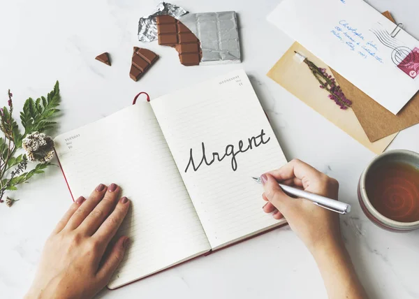 Mujer haciendo notas en el diario — Foto de Stock