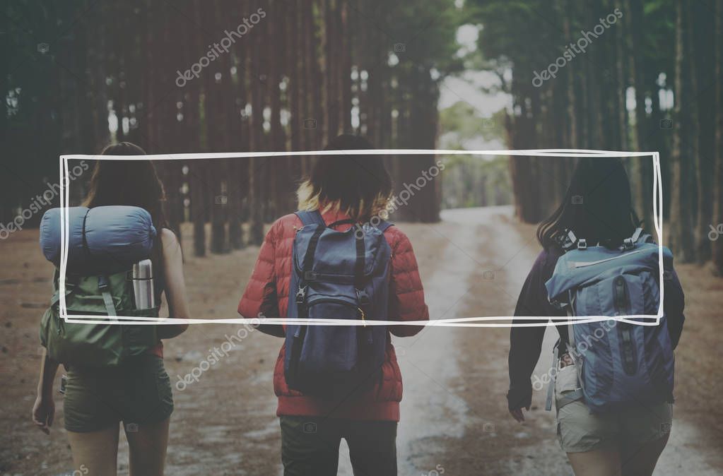 Best friends hiking together, graphic badge banner