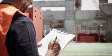 İnşaat işçisi ile mimari planı