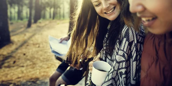 Young Friends Travelers in Forest — Stock Photo, Image