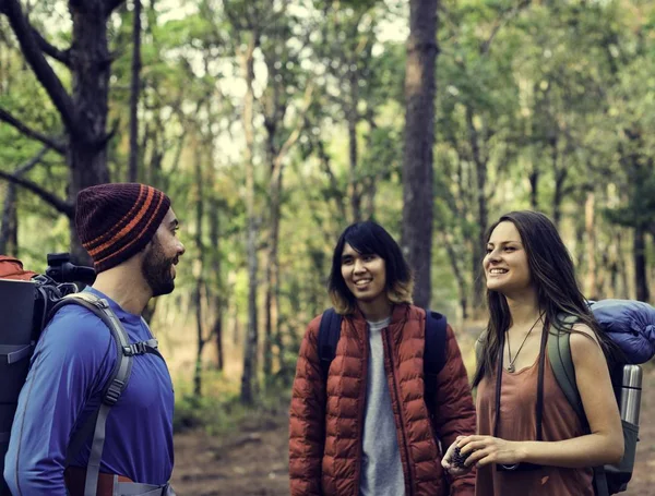 Jovens amigos viajantes na floresta — Fotografia de Stock