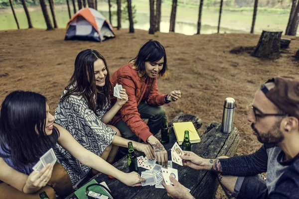 Friends Playing Cards in Camping — Stock Photo, Image